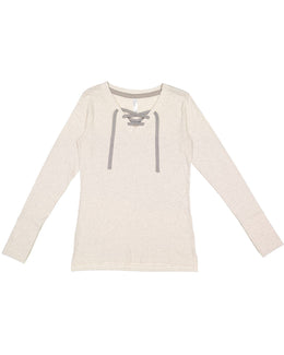 LAT Ladies Long Sleeve Fine Jersey Lace-Up T-Shirt LA3538 | Ntrl Hthr/ Titnm - Front