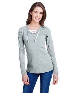 LAT Ladies Long Sleeve Fine Jersey Lace-Up T-Shirt LA3538 | Vintage Hth/ Wht - Front