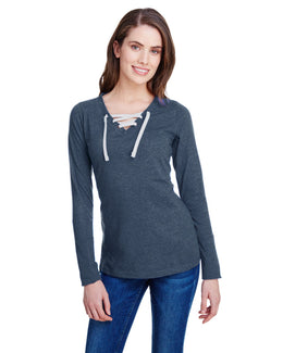 LAT Ladies Long Sleeve Fine Jersey Lace-Up T-Shirt LA3538 | Vintage Nvy/ Wht - Front