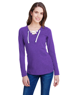 LAT Ladies Long Sleeve Fine Jersey Lace-Up T-Shirt LA3538 | Vint Purple/ Wht - Front