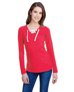 LAT Ladies Long Sleeve Fine Jersey Lace-Up T-Shirt LA3538 | Vintage Red/ Wht - Front