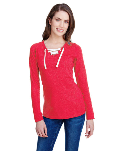 LAT Ladies Long Sleeve Fine Jersey Lace-Up T-Shirt LA3538 | Vintage Red/ Wht - Front
