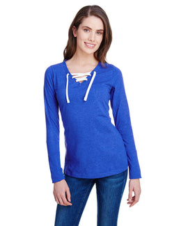 LAT Ladies Long Sleeve Fine Jersey Lace-Up T-Shirt LA3538 | Vintage Roy/ Wht - Front