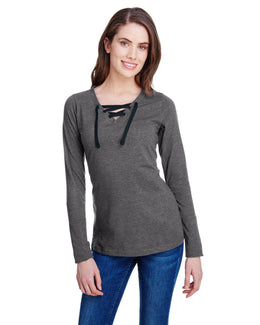 LAT Ladies Long Sleeve Fine Jersey Lace-Up T-Shirt LA3538 | Vint Smoke/ Blk - Front