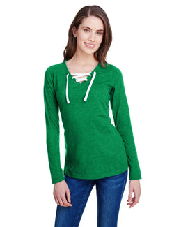 LAT Ladies Long Sleeve Fine Jersey Lace-Up T-Shirt LA3538 | Vint Green/ Wht - Front