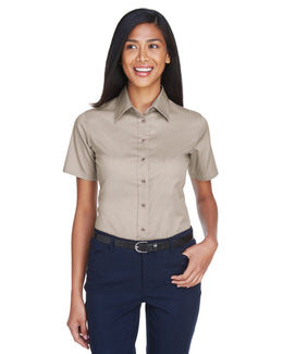Harriton Ladies Short Sleeve Stain-Release Twill Shirt M500SW | Stone - Front