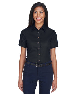 Harriton Ladies Short Sleeve Stain-Release Twill Shirt M500SW | Black - Front