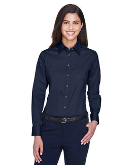 Harriton Ladies Long Sleeve Stain-Release Twill Shirt M500W | Navy - Front
