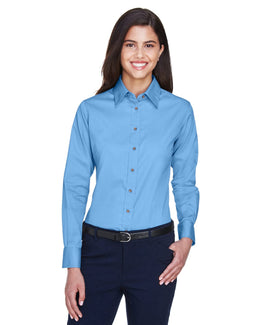 Harriton Ladies Long Sleeve Stain-Release Twill Shirt M500W | Lt College Blue - Front