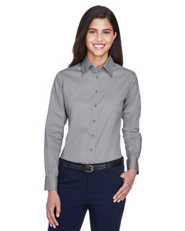 Harriton Ladies Long Sleeve Stain-Release Twill Shirt M500W | Dark Grey - Front