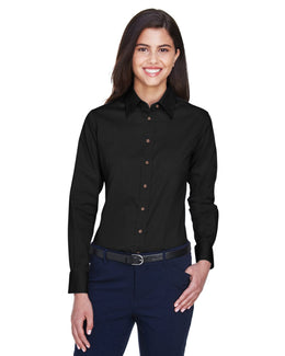 Harriton Ladies Long Sleeve Stain-Release Twill Shirt M500W | Black - Front