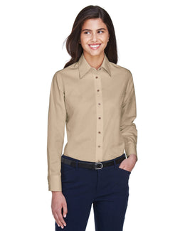Harriton Ladies Long Sleeve Stain-Release Twill Shirt M500W | Stone - Front