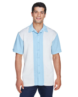 Harriton Two-Tone Bahama Cord Camp Shirt M575 | Cloud Blue/ Crem - Front