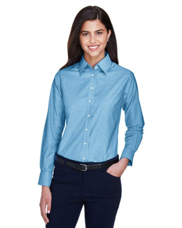 Harriton Ladies Long Sleeve Oxford with Stain-Release M600W | Light Blue - Front