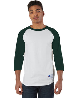 Champion Cotton Raglan Baseball Jersey T1397 | White/ Drk Green - Front