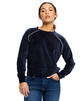 US Blanks Ladies Velour Long Sleeve Crop T-Shirt US538 | Navy Blue - Front